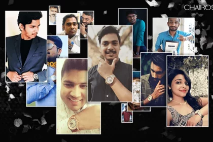 A montage of QNET India customers displaying their CHAIROS watches on a black background