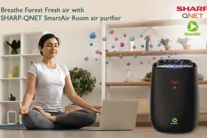 A young woman doing Yoga in front of SHARP Smart Air