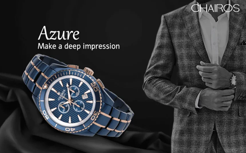 CHAIROS Azure watch with a stylish man in a suit in the background.