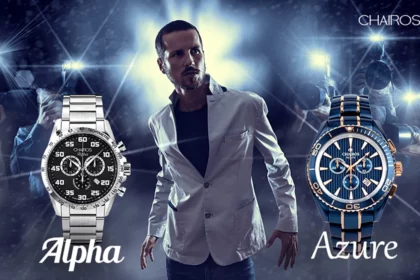 Movie star posing in front of the photographers paparazzi with two CHAIROS Watches for men CHAIROS Alpha and Azure in the frame