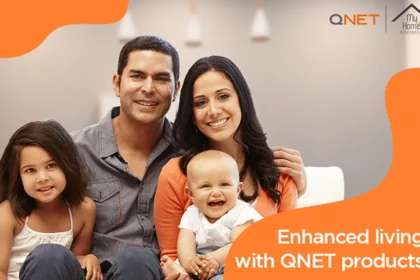 A happy family experiencing enhanced living with QNET products.