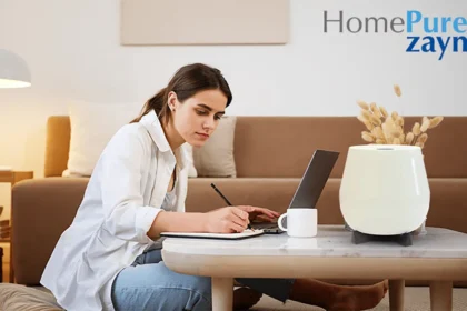 A young woman working next to Home pure Zayn Airpurifier