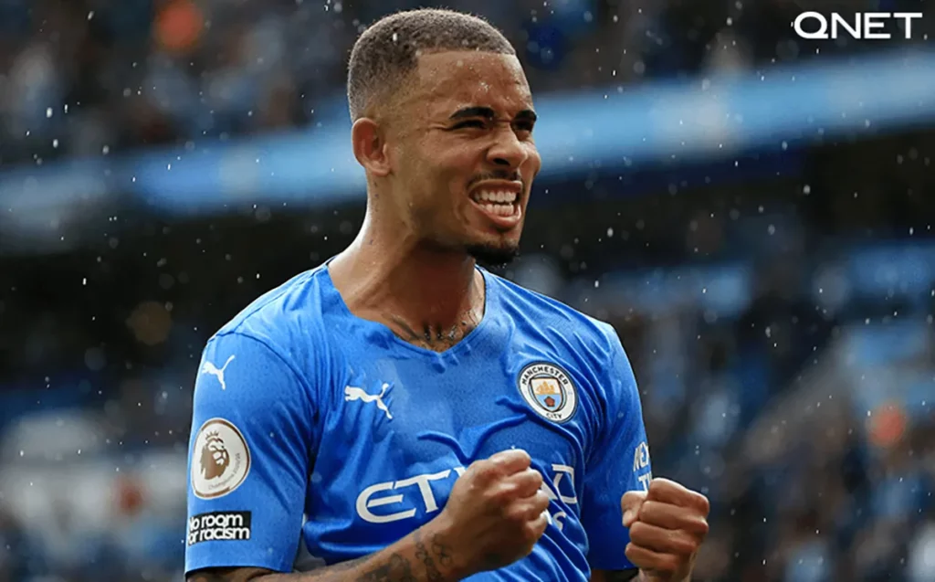 Manchester City player Gabriel Jesus exults after scoring an important goal